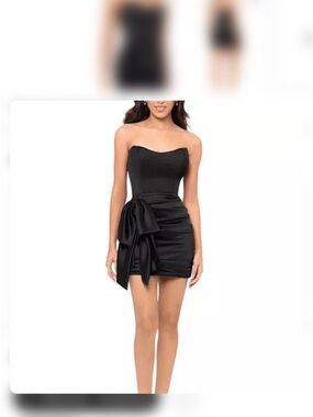 Aqua Strapless Black Satin Mini Dress with Side Bow